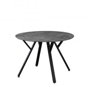 Preprosta jedilna miza okrogle oblike. Plošča mize ima premer 110 cm, debelino 1,8 cm, in je narejena iz MDF materiala v sivi barvi. Podnožje z razgibano
