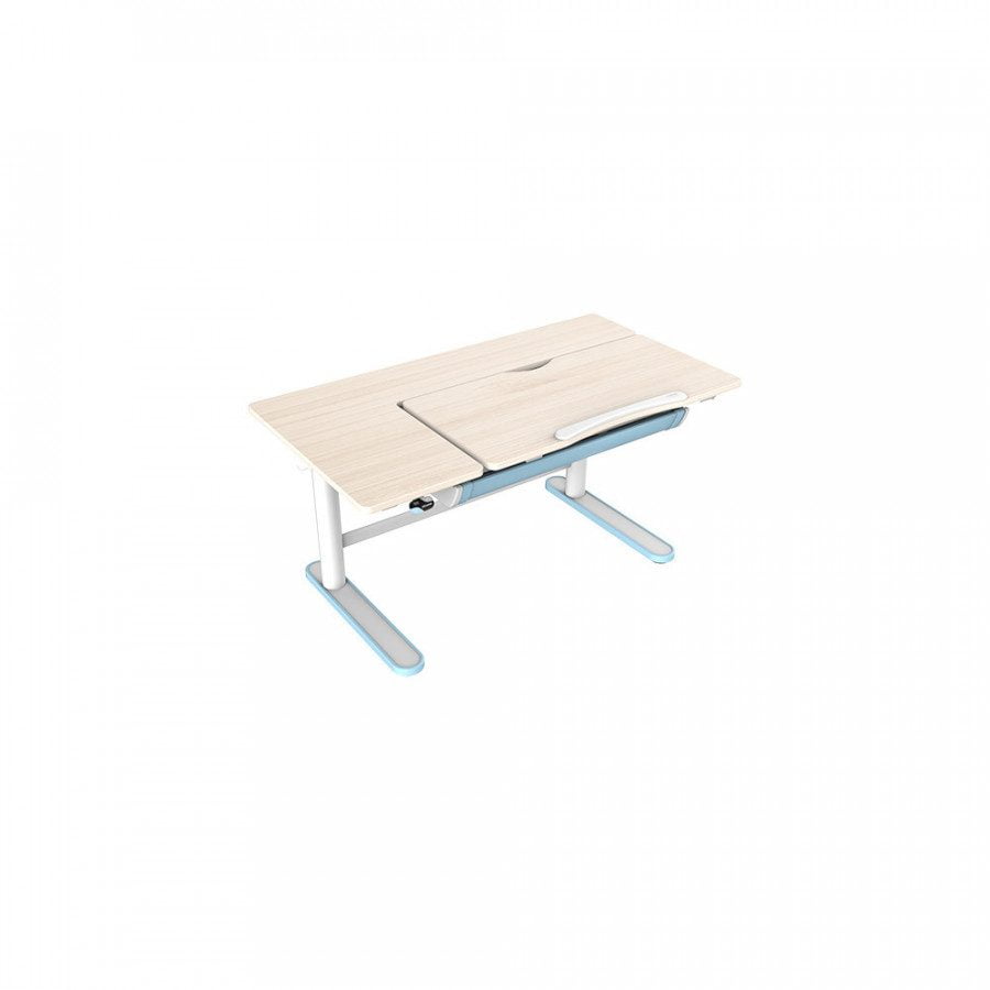 Sodobna pisalna miza bele, rjave in modre barve z avtomatsko nastavljivo višino, diagonalno nastavljivim namizjem in predalom za shranjevanje. Ima vgrajen