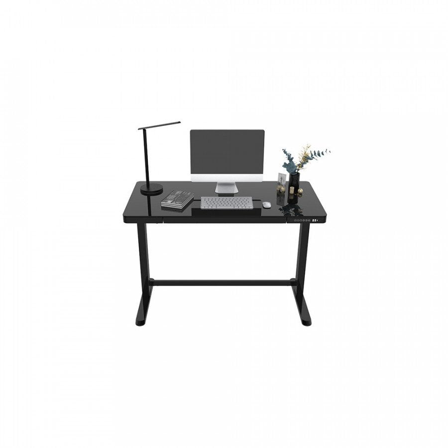 Futuristična pisalna miza v vpadljivi črni barvi z avtomatsko nastavljivo višino in steklenim namizjem. Miza je opremljena z diskretnim predalom in ima