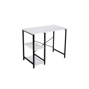 Minimalistična pisalna miza s skeletno zasnovo. Izdelana je iz kovinskega profila in visokokakovostnih ivernih plošč, oblečenih v PVC bele barve. Debelina