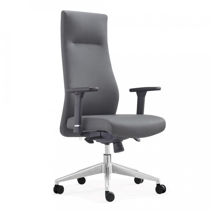 Modern pisarniški stol z visokim hrbtom. Oblazinjen je s kvalitetnim umetnim PU usnjem v sivi barvi. Je vrtljiv, nastavljiv po višini in ima 3D-nastavljive