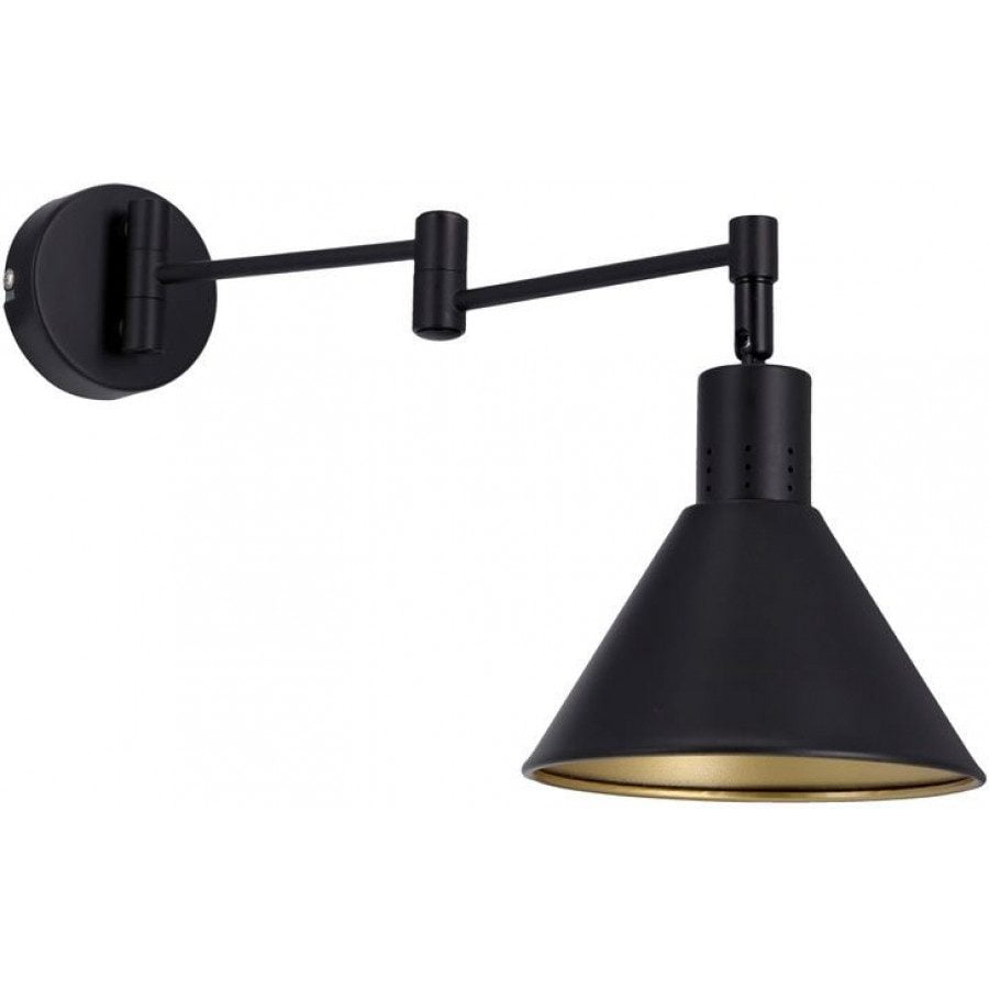 Material:: Kovina s fleksibilno ročko Vrsta: Stenska Primerne žarnice: E14 Količina žarnic: 1x40W Barva:: Črna+Zlata Energijska nalepka: A++ - E Teža: