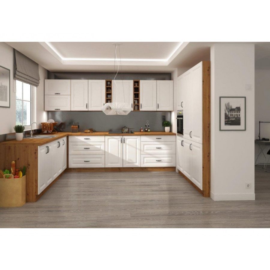 Kuhinjski blok STIL 1- 265x300x180 cm je dobavljiva v beli barvi. Debelina delovnega pulta je 38 mm. Fronte kuhinje imajo MDF rob. Kuhinja je izdelana iz