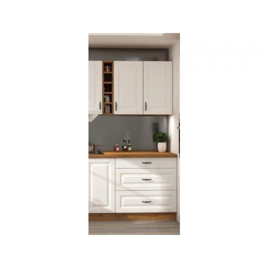 Kuhinjski blok STIL 1- 265x300x180 cm je dobavljiva v beli barvi. Debelina delovnega pulta je 38 mm. Fronte kuhinje imajo MDF rob. Kuhinja je izdelana iz