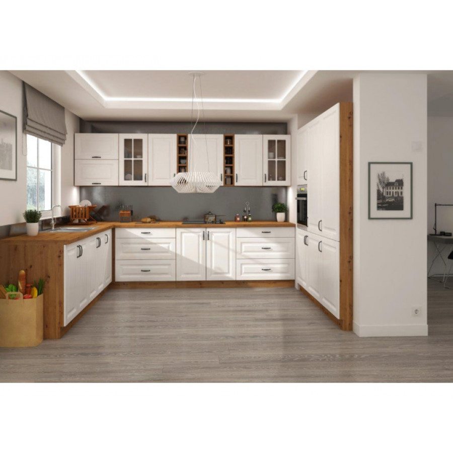 Kuhinjski blok STIL 2- 265x300x180 cm je dobavljiva v beli barvi. Debelina delovnega pulta je 38 mm. Fronte kuhinje imajo MDF rob. Kuhinja je izdelana iz