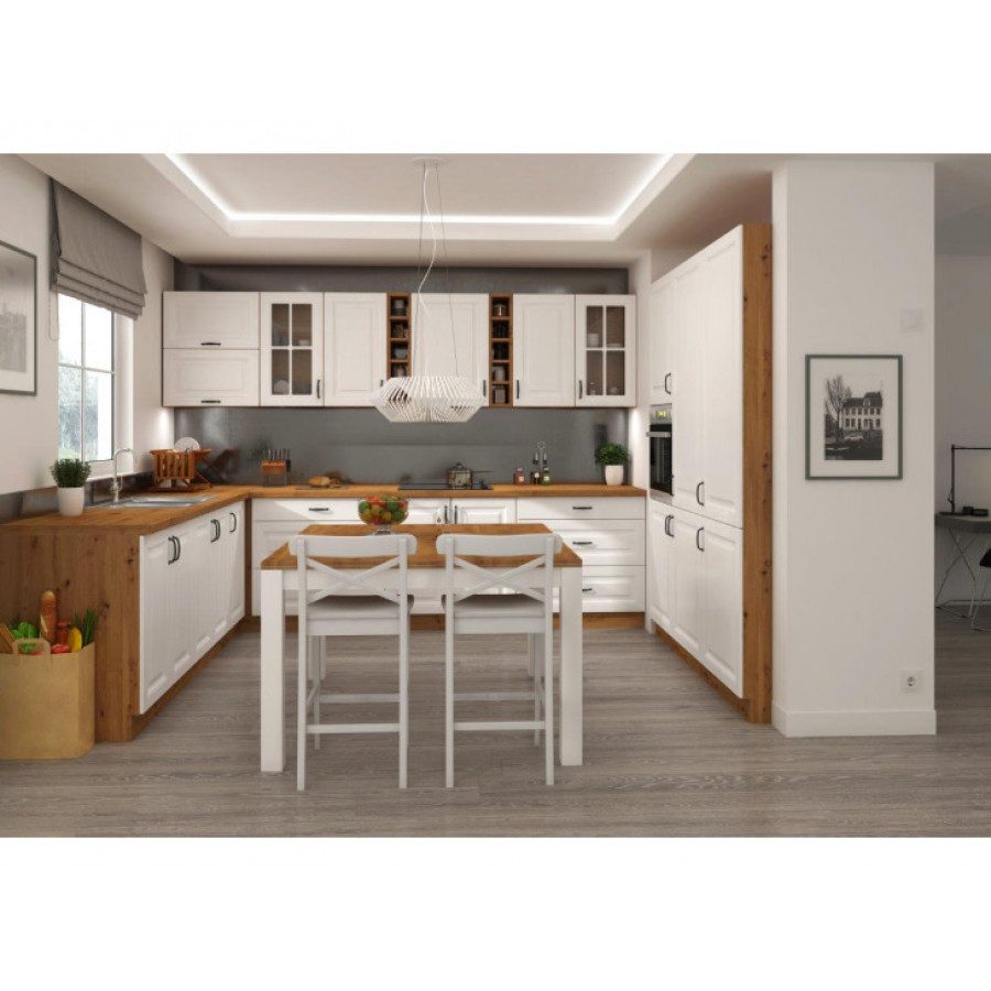Kuhinjski blok STIL 2- 265x300x180 cm je dobavljiva v beli barvi. Debelina delovnega pulta je 38 mm. Fronte kuhinje imajo MDF rob. Kuhinja je izdelana iz
