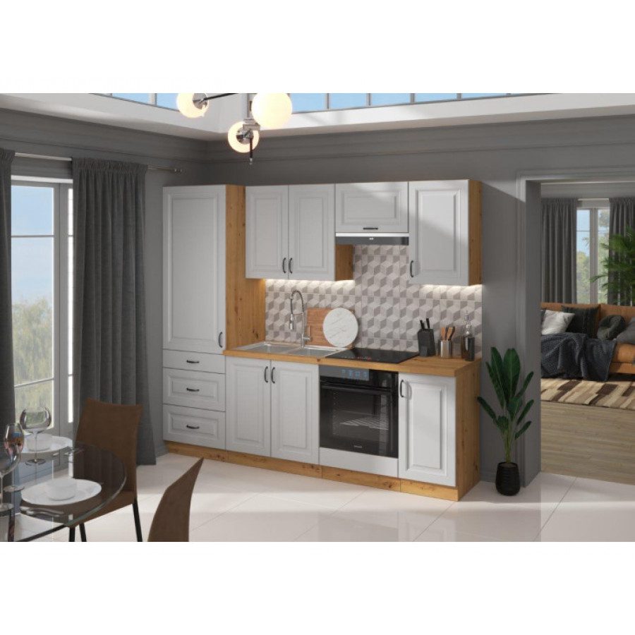 Kuhinjski blok STIL 240 cm je dobavljiva v beli barvi. Debelina delovnega pulta je 38 mm. Kuhinja je izdelana iz oplemenitenih ivernih plošč debeline 16 mm