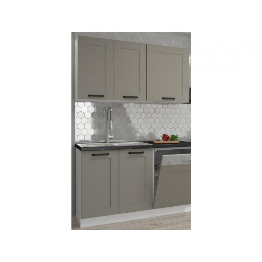 Kuhinjski blok TAJA 250 cm je dobavljiva v taupe barvi. Debelina delovnega pulta je 38 mm. Kuhinja je izdelana iz oplemenitenih ivernih plošč debeline 16 mm