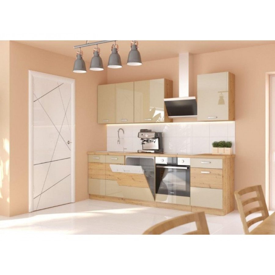 Kuhinjski blok TISA 250 cm je dobavljiv v več barvah. Debelina delovnega pulta je 28 mm. Kuhinja je izdelana iz oplemenitenih ivernih plošč debeline 16 mm