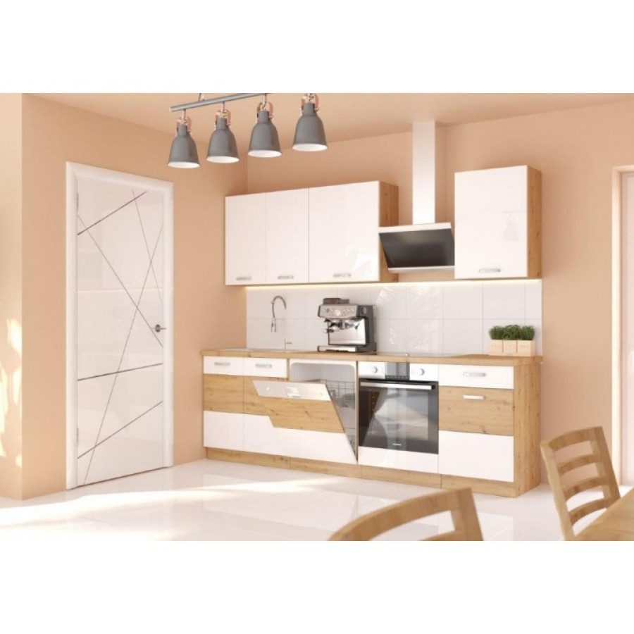 Kuhinjski blok TISA 250 cm je dobavljiv v več barvah. Debelina delovnega pulta je 28 mm. Kuhinja je izdelana iz oplemenitenih ivernih plošč debeline 16 mm