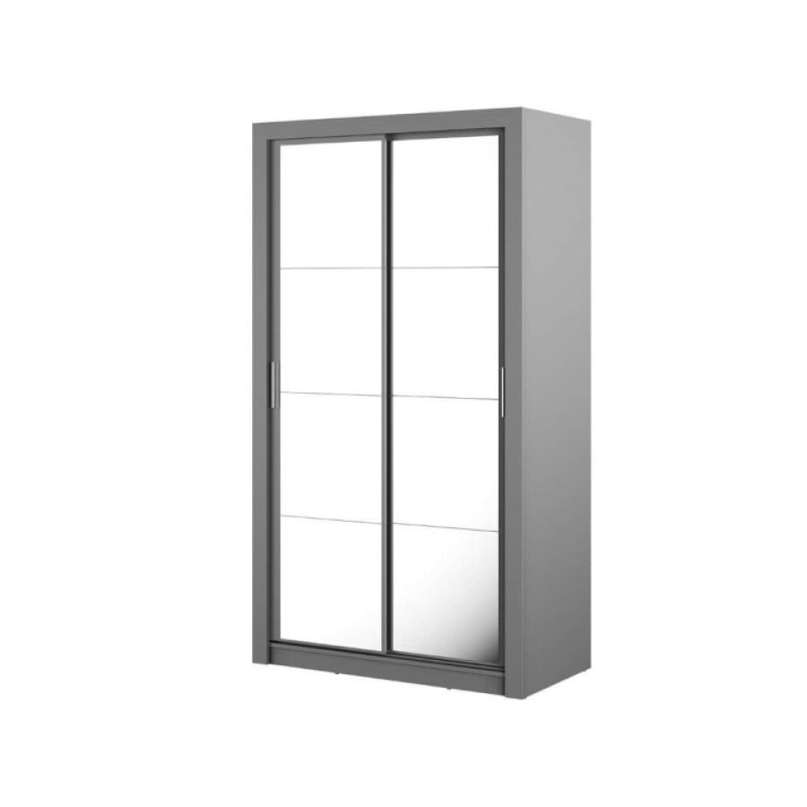 Garderobna omara KLARA 120 je omara z dvojnimi drsnimi vrati ter ogledali. Odlična bo za manjše prostore, na primer spalnico, garderobo, predsobo ali