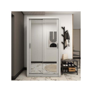 Garderobna omara LUPKO 120 je majhna garderobna omara z dvojnimi drsnimi vrati, ki prihranijo prostor. Popolna je za spalnico, garderobo, predsobo ali