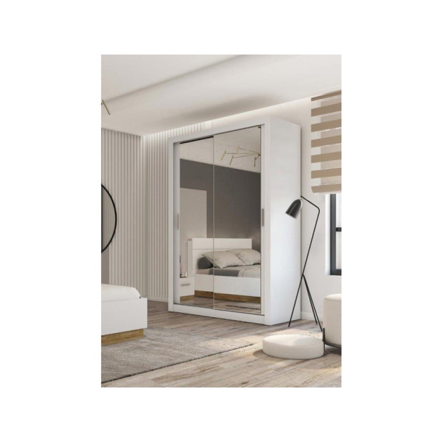 Garderobna omara LUPKO 150 je majhna, a precej prostorna omara z dvojnimi drsnimi vrati, ki prihranijo prostor. Popolna je za spalnico, garderobo, predsobo ali