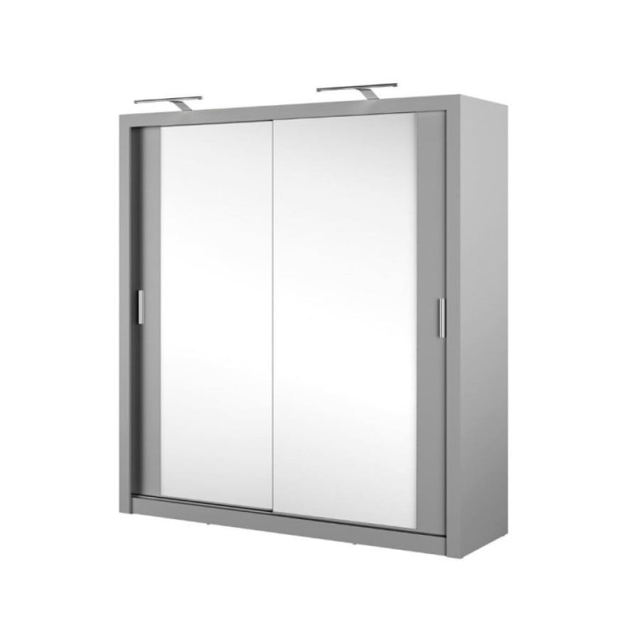 Garderobna omara LUPKO 200 je izjemno prostorna drsna omara v modernem stilu. Popolna je za vsako spalnico. Njena prednost je nedvomno veliko ogledalo na obeh