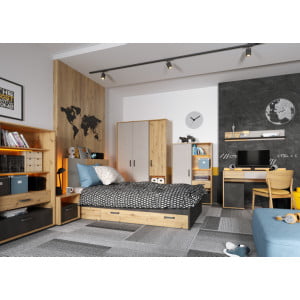 Mladinska spalnica KINDER je primerna za vsako mladinsko sobo, saj ima zanimivo geometrijo izdelkov s pridihom naravnega hrasta v kombinaciji temne ter svetle