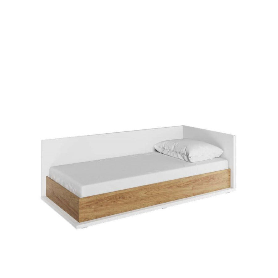 Postelja TRNULJČICA je udobna in praktična enojna postelja v modernem stilu. Brezčasna kombinacija bele barve in dekorja s toplo barvo lesa naredi posteljo