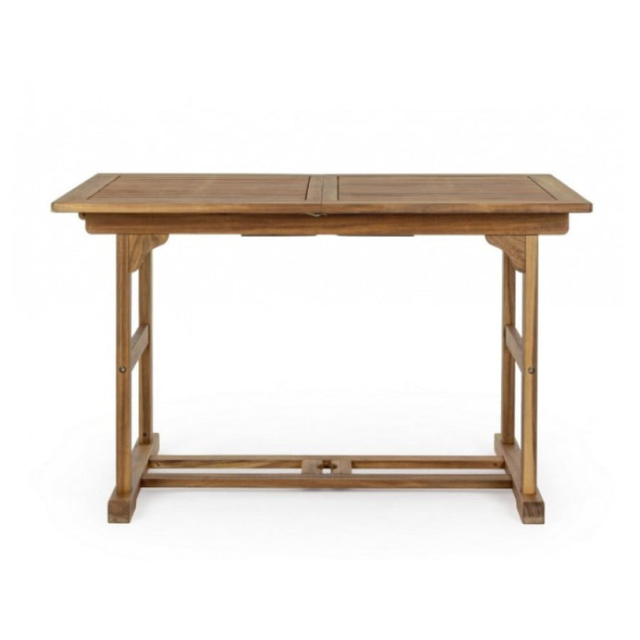 Vrtna raztegljiva miza NOEMI 120-160X70 je narejena iz lesa z oljnim premazom. Okovje je iz jekla in vmes ima drsno palico kjer lahko mizo raztegnete.