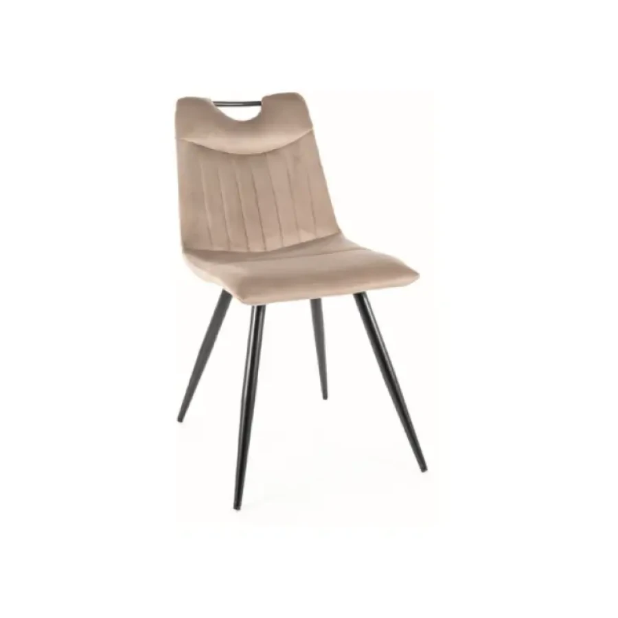 Jedilni stol VELJA je narejen iz kvalitetne nežne tkanine kot žamet. Ogrodje je iz črne mat kovine, dobavljiv je v štirih barvah. Material: - Tkanina -