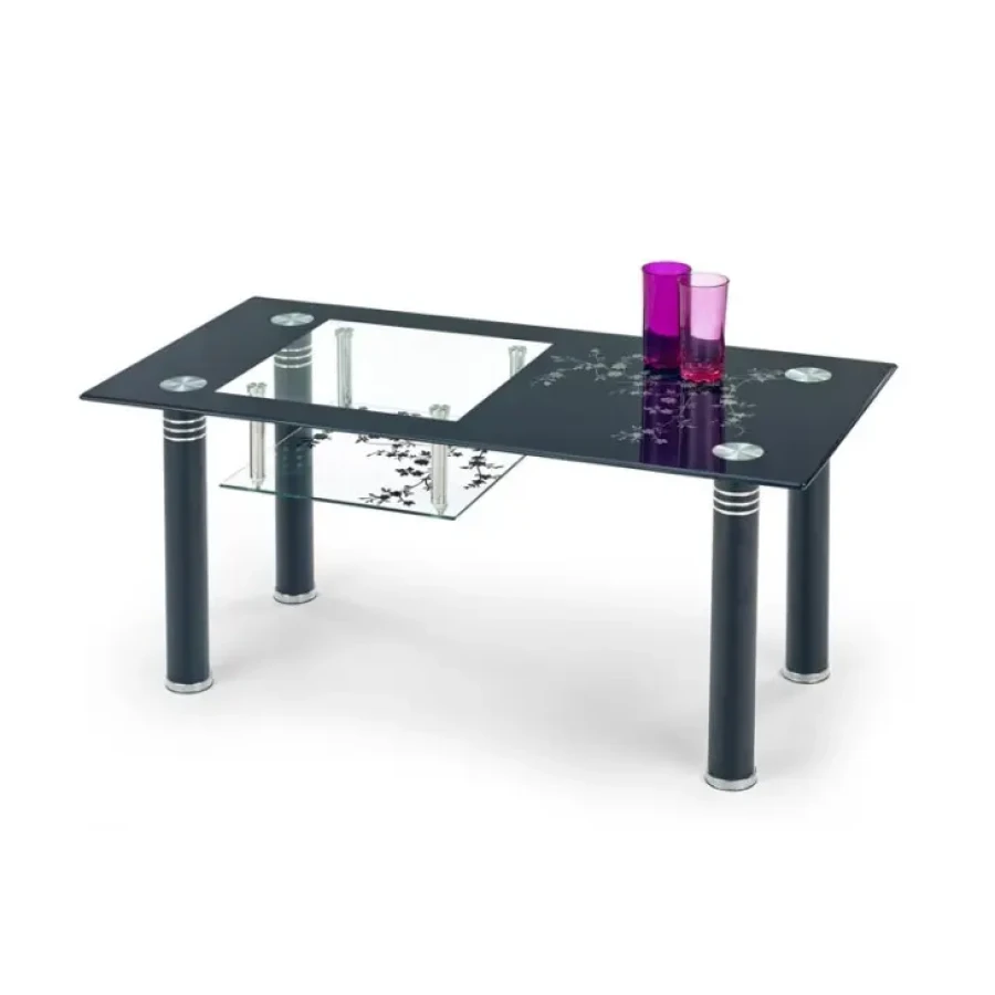 Klubska miza ROSANA je stabilana in kvalitetna. Plošča mize in polička so steklene. Podnožje mize je iz nerjavečega jekla in lakirano v črno barvo.