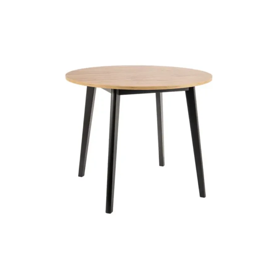 Okrogla jedilna miza VIJOLCA je narejena iz kvalitetne laminirane plošče, ogrodje je iz bukovega lesa. Miza je dobavljiva v barvi hrasta s črnimi mat