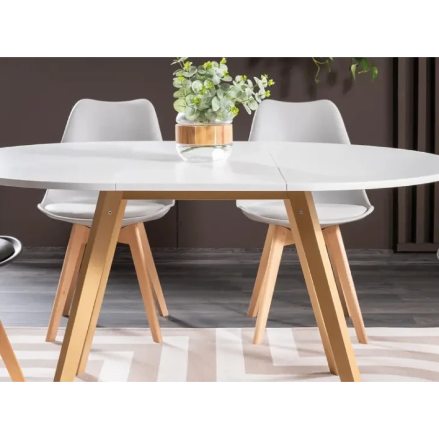 Okrogla raztegljiva jedilna miza ADEL je narejena iz kvalitetne laminirane plošče z učinkom lesa. Ogrodje je iz bukovega lesa. Dobavljiva je v beli barvi s