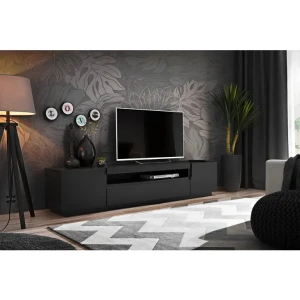 TV regal SONIC je narejen iz kvalitetnih materialov, dobavljiv v dveh različnih barvah. Korpus je iz laminirane plošče 16 mm debeline, fronte pa iz MDF