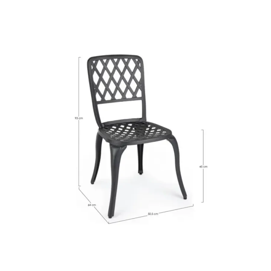 Vrtni stol FAENZA antracit je narejen iz aluminija. Dimenzije: širina: 44cm globina: 46cm višina: 89cm višina: 461cm višina sedišča: 46cm