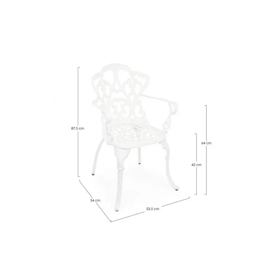 Vrtni stol VICTORIA bela je narejen iz aluminija. Dimenzije: širina: 57.5cm globina: 58cm višina: 87.5cm višina: 421cm višina sedišča: 42cm višina: