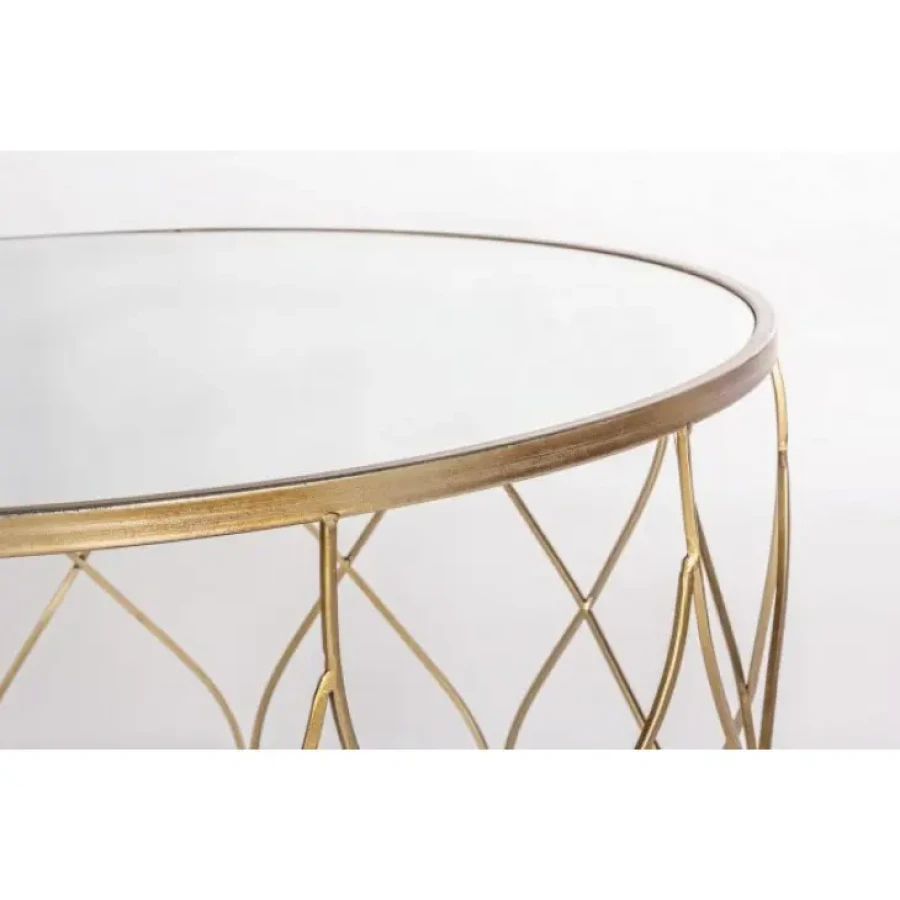 Klubska miza ELENOR je sestavljena iz kovinskega ogrodja, prašno barvanega (zlata barva). Mizna plošča je iz stekla. Dimenzije: širina: Ø66cm širina: