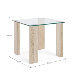 Klubska mizica NEW ARLEY 55X55 natur je narejena iz MDF-ja objetega v melaminski papir z učinkom lesa. Ima kaljeno steklo debeline 12 mm. Dimenzije: širina: