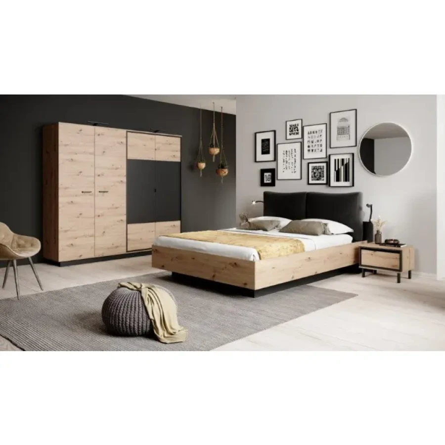 Kompletna spalnica CZER je moderna in kvalitetna spalnica, sestavljena iz postelje, dveh nočnih omaric, garderobne omare ter komode. Naravnemu hrastu smo