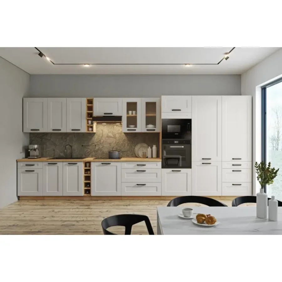 Kuhinjski blok VANESA 465 cm je dobavljiva v beli barvi. Debelina delovnega pulta je 38 mm. Kuhinja je izdelana iz oplemenitenih ivernih plošč debeline 16 mm