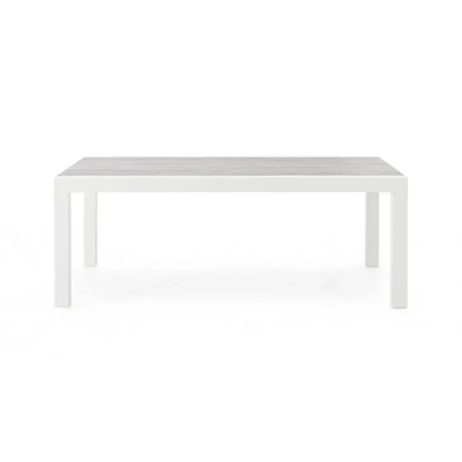 Vrtna mizica KLEDI 120X70 JX11 bela ima aluminjasti okvir, prašno barvana (poliester) ter vsebuje zgornjo keramiko. Material: - Aluminij - Poliester -