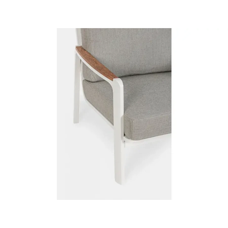 Vrtni fotelj JALISCO WG20 bela je narejen iz aluminija, prašno prevajen (poliester). Naslonjala za roke z vložki iz tikovine. Sedežne in hrbtne blazine z