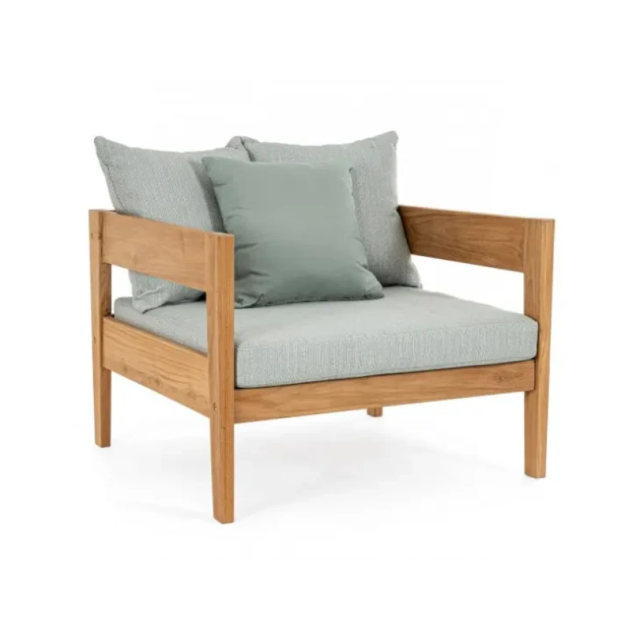 Vrtni fotelj KOBO AQUA je narejen iz tikovega lesa, naravne obloge. Blazine z odstranljivo prevleko z olefinsko tkanino (100% polipropilen). Material: - Tikov