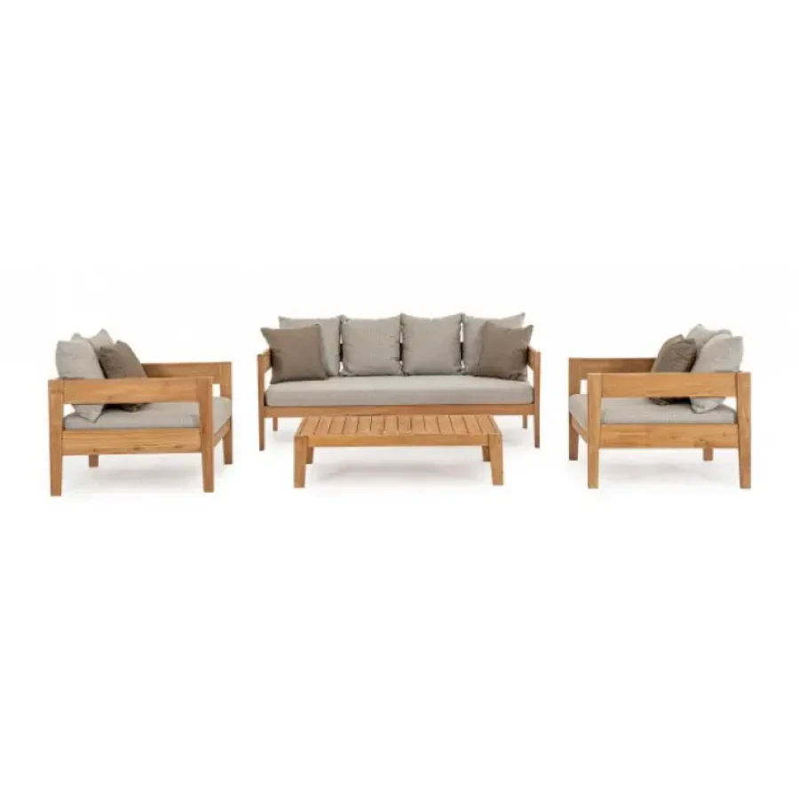 Vrtni fotelj KOBO NATURAL je narejen iz tikovega lesa, naravne obloge. Blazine z odstranljivo prevleko z olefinsko tkanino (100% polipropilen). Material: -