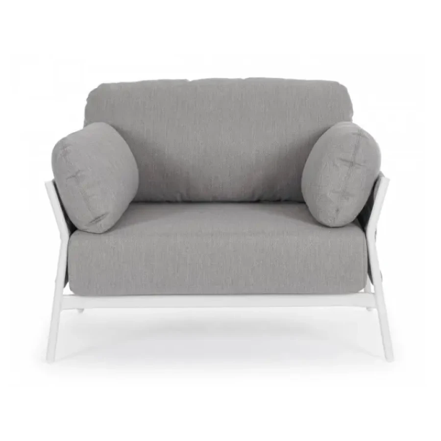 Vrtni fotelj PARDIS QS20 bela/siva ima aluminjast okvir orašno prevajan (poliester). Vrvi so iz olefinske tkanine (100% poliproilen). Sedežne in hrbtne