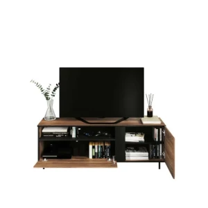 TV regal NAT je elegantna in funkcionala TV omarica v modernem stilu. Sloni na lahkih, zelo vitkih nogah. Kombinacija črnega in temnega lesnega dekorja deluje