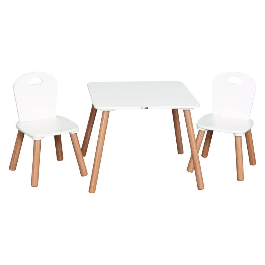 Moderna in minimalistična lesena mizica z dvema stolčkoma v kombinaciji naravne barve bukovega lesa in bele. Primerna je za uporabo v otroški sobi