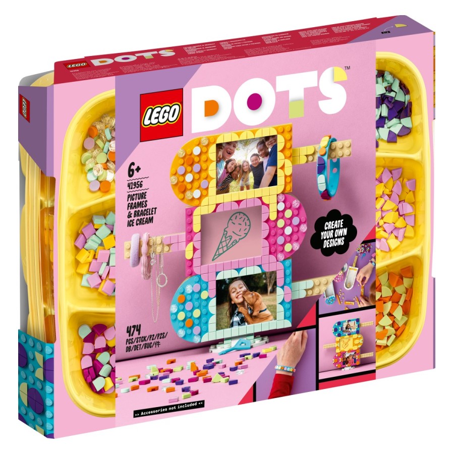 Ustvari nekaj slastne LEGO® DOTS zabave! Sestavi sladoledne okvirje za slike in jih okrasi s svežimi barvnimi ploščicami. Razpri ozko zapestnico in jo okrasi. Okvirje za slike sestavi v stolp po želji