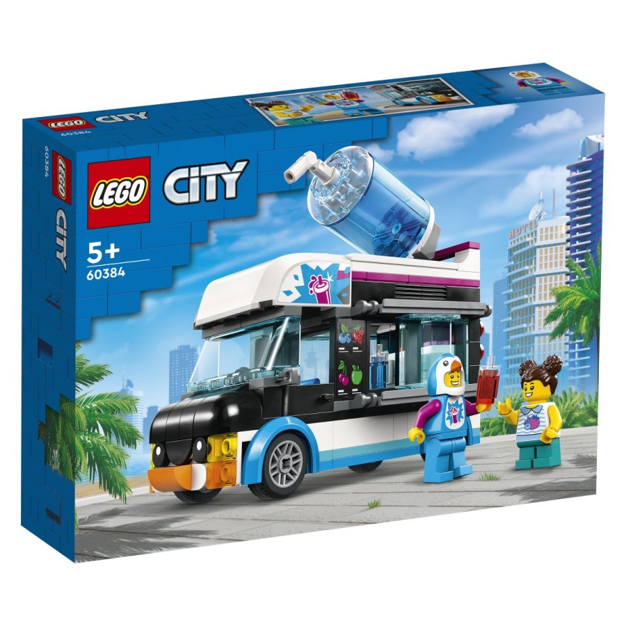 Hura! v LEGO® City je prišel pingvinski kombi s sadnim ledom. Kombi s hladno pijačo je res kulski! Oglej si prikupne pingvinske podrobnosti na njem! Pridruži se zabavnemu prodajalcu v pingvinskem kostumu. Odpri drsno okno