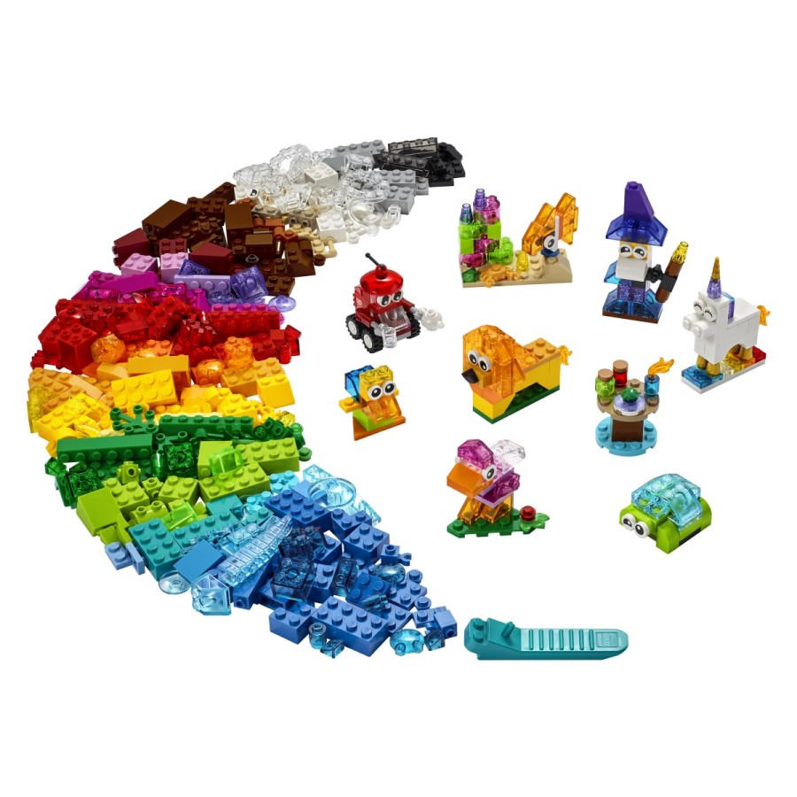 v katerih je pisan izbor prosojnih elementov LEGO. Otroci lahko izbirajo med 8 sijajnimi idejami za sestavljanje – od čarovnika s stekleničkami s čarobnimi napoji do robota