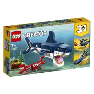 Potopi se v ocean dogodivščin s kompletom LEGO® Creator 3-v-1 Globokomorska bitja. Prikupnemu globokomorskemu raku pomagaj zaščititi skrinjo z zakladom pred ogromnim strašljivim morskim psom s šklepetajočimi čeljustmi