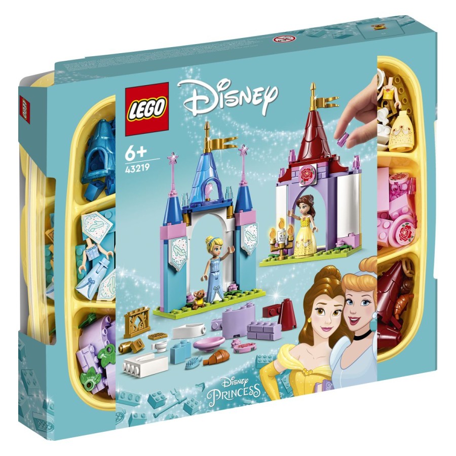 Ustvari gradova Disney za 2 od tvojih najljubših Disneyjevih princesk! Domišljijski komplet LEGO® | Disney ti omogoča sestavljanje dveh manjših gradov za Disney Belle ali Pepelko in njuna prijatelja Lumiera in Gusa