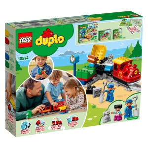 Z LEGO® DUPLO® 10874 Parnim vlakom se lahko vaš malček igra in ga krmili na še več načinov. Majhni otroci postanejo strojevodje z motorjem Potisni in vozi – nežni potisk nazaj ali naprej pošlje vlak po tiru