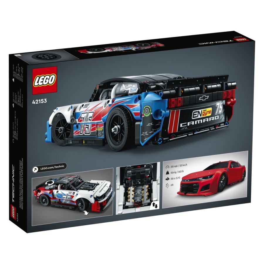 da postaneš šampion NASCAR®ja s kompletom LEGO® Technic NASCAR® Next Gen Chevrolet Camaro ZL1. Svojo ljubezen nad avtomobilskim športom dvigni na naslednjo stopnjo s sestavljanjem pristnega Chevroleta Camaro v različici NASCAR® Next Gen. Nato razišči njegove lastnosti – vrtenje volana