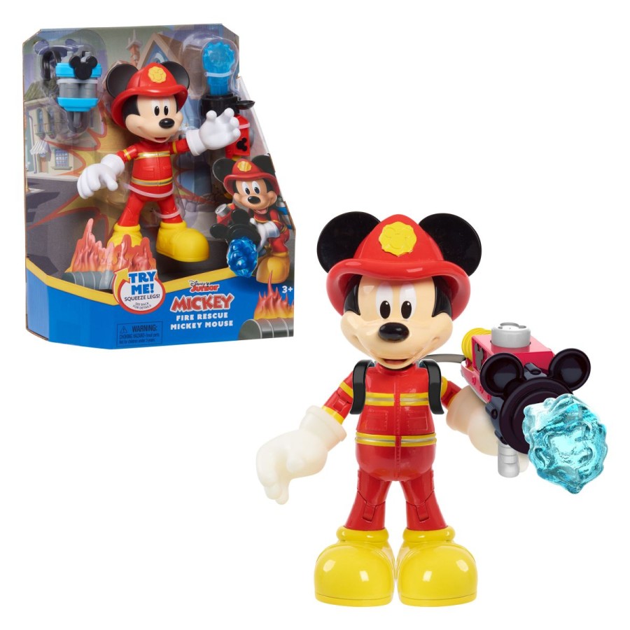 da reši dan. Predšolski otroci se bodo radi igrali prve pomoči s to premično akcijsko figuro Mickey Mouse. Gasilec Mickey Mouse nosi rdečo uniformo in je opremljen s prenosnim vodnim topom