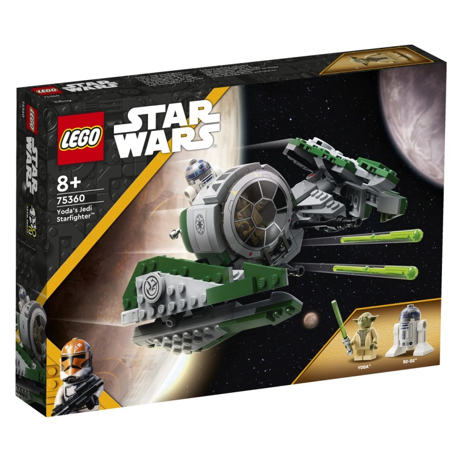 Otroci sodelujejo z 2 likoma iz  Vojne zvezd™ in uprizorijo razburljive naloge z modelom Yodovega jedijevskega zvezdnega lovca LEGO® kock.