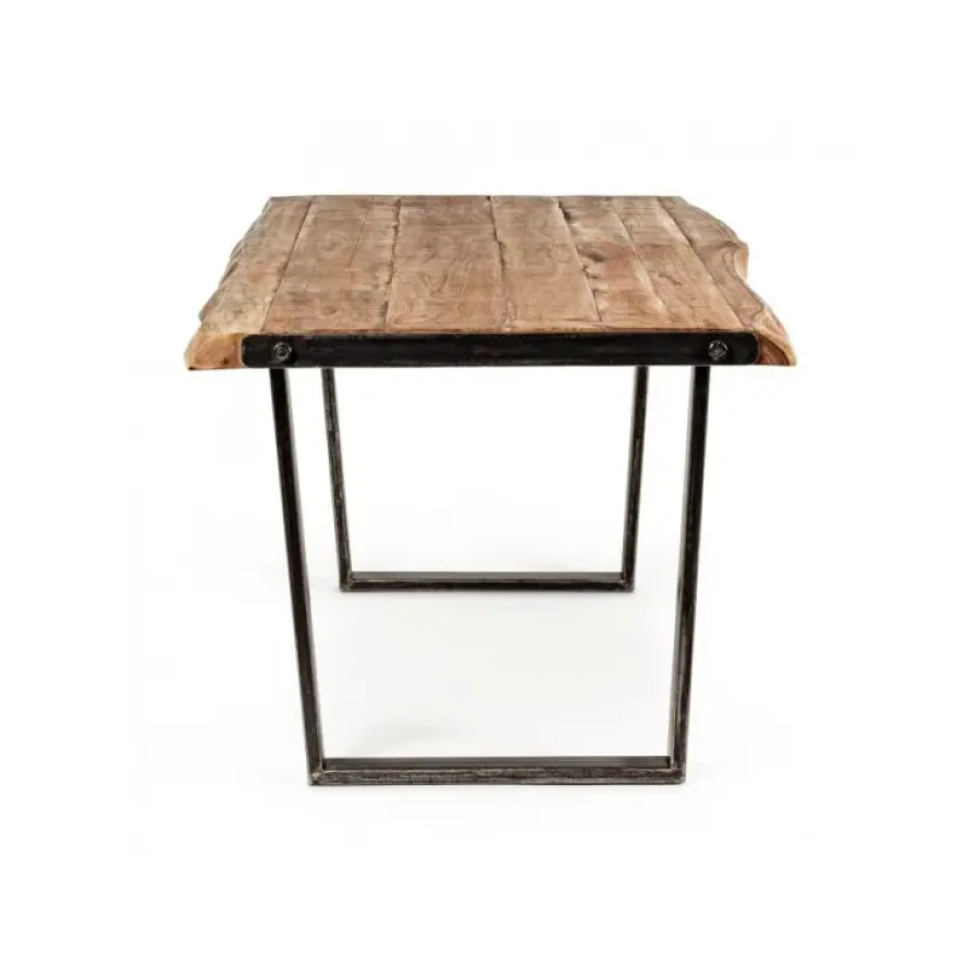 Jedilna miza ELMER 180X90 ima kovinske črne noge. Mizna plošča je iz lesa, ker je obdelana ročno, so oblike in velikosti ki jih tvori les, samo okvirne,