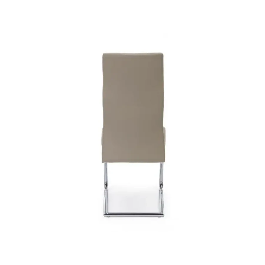 Jedilni stol THELMA taupe ima jekleni okvir in kromirane noge. Polnilo je iz poliuretanske pene, oblečen je v umetno usnje. Material: - Jekleni okvir - Krom
